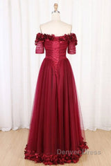 Off The Shoulder Flowers Burgundy Tulle Long Prom Dresses