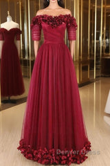 Off The Shoulder Flowers Burgundy Tulle Long Prom Dresses
