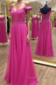 Off the Shoulder Fuchsia Long Prom Dress with Belt, Off Shoulder Fuchsia Prom Dresses