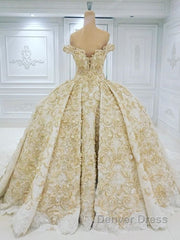 Off the shoulder Golden Lace Appliques Formal Ball Gown Wedding Dresses