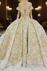 Off the shoulder Golden Lace Appliques Formal Ball Gown Wedding Dresses