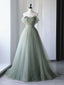 Off the Shoulder Green Floral Long Prom Dress, Green Floral Long Prom Dresses