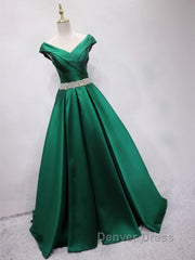 Off the Shoulder Green Long Prom Dresses with Corset Back, Off Shoulder Long Green Formal Evening Dresses