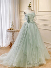 Off The Shoulder Green Tulle Long Prom Dresses