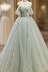 Off The Shoulder Green Tulle Long Prom Dresses, Green Long Formal Evening Dresses