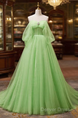 Off The Shoulder Green Tulle Long Prom Dresses, Off Shoulder Green Long Formal Graduation Dresses