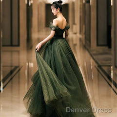 Off The Shoulder Green Tulle Prom Dress A Line Birthday Party Dress