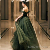 Off The Shoulder Green Tulle Prom Dress A Line Birthday Party Dress