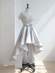 Off The Shoulder High Low Gray Lace Prom Dresses, High Low Gray Lace Formal Homecoming Dresses