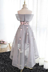 Off-The-Shoulder High Low Grey Tulle Homecoming Dress With Appliques