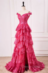 Off The Shoulder Hot Pink Sequin Tiered Prom Dresses With Slit
