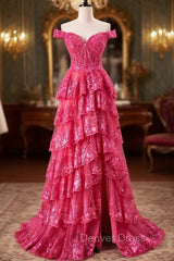 Off The Shoulder Hot Pink Sequin Tiered Prom Dresses With Slit