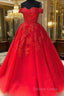 Off The Shoulder Lace Red Prom Dresses A Line Sequin Evening Gowns