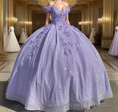 Off the Shoulder Lavender Sequin 3D Floral Quinceanera Dresses