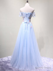 Off the Shoulder Light Blue Floral Long Prom Dresses, Off Shoulder Light Blue Formal Evening Dresses