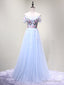 Off the Shoulder Light Blue Floral Long Prom Dresses, Off Shoulder Light Blue Formal Evening Dresses