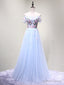 Off the Shoulder Light Blue Floral Long Prom Dress, Off Shoulder Light Blue Prom Dresses