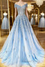Off the Shoulder Light Blue Lace Prom Dress, Off the Shoulder Blue Lace Prom Dresses
