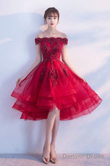 Off The Shoulder Luxury Appliques High Low Red Homcoming Dress