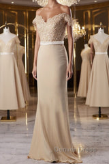 Off the Shoulder Mermaid Champagne Lace Long Prom Dresses, Off Shoulder Mermaid Champagne Formal Graduation Evening Dresses, Mermaid Champagne Lace Bridesmaid Dresses