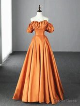 Off the Shoulder Orange Satin Long Prom Dresses, Orange Long Satin Formal Evening Dresses