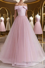 Off the Shoulder Pink Prom Dresses, Pink Tulle Formal Evening Dresses