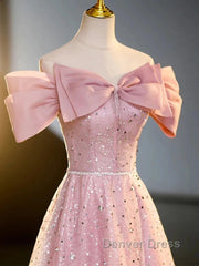 Off The Shoulder Pink Sequin Sparkle Prom Dresses