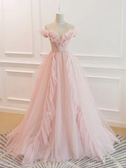 Off the Shoulder Pink Tulle Beaded Long Prom Dresses, Pink Tulle Long Formal Dress