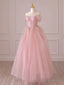 Off the Shoulder Pink Tulle Long Prom Dress, Pink Tulle Long Prom Dresses