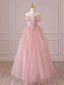 Off the Shoulder Pink Tulle Long Prom Dresses, Pink Tulle Long Formal Evening Dresses