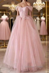 Off the Shoulder Pink Tulle Prom Dresses, Pink Tulle Long Formal Graduation Dresses
