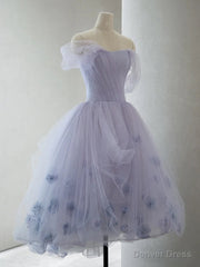 Off the Shoulder Purple High Low Tulle Prom Dresses, High Low Purple Tulle Formal Graduation Dresses