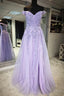 Off the Shoulder Purple Lace Prom Dress, Purple Long Lace Prom Dresses
