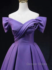 Off The Shoulder Purple Satin Ruched Prom Dresses