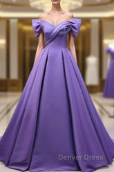 Off The Shoulder Purple Satin Ruched Prom Dresses