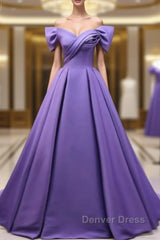 Off The Shoulder Purple Satin Ruched Prom Dresses