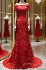 Off the Shoulder Red Mermaid Lace Prom Dresses, Red Mermaid Lace Formal Bridesmaid Dresses