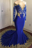 Off The Shoulder Royal Blue Prom Dress Gold Lace Appliques Chic Prom Dresses with Sleeve
