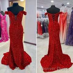 Off The Shoulder Sequins Prom Dresses Mermaid Long Evening Dresses