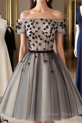 Off The Shoulder Short Black Floral Prom Dresses, Short Black Floral Graduation Homecoming Dresses