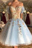Off the Shoulder Short Blue Lace Floral Prom Dress, Off the Shoulder Short Blue Lace Graduation Homecoming Dresses
