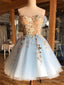 Off the Shoulder Short Blue Lace Floral Prom Dress, Short Blue Lace Graduation Homecoming Dresses