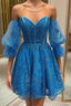 Off the Shoulder Short Blue Lace Prom Dress, Short Blue Lace Prom Homecoming Dresses