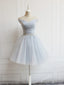 Off the Shoulder Short Gray Prom Dress, Short Beaded Gray Graduation Homecoming Dresses