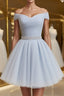 Off the Shoulder Short Gray Prom Dress with Coset Back, Short Beaded Gray Graduation Homecoming Dresses