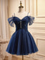 Off the Shoulder Short Navy Blue Prom Dress, Dark Blue Off Shoulder Graduation Homecoming Dresses