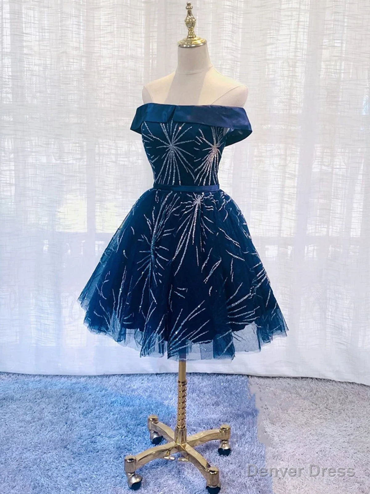 Off the Shoulder Short Navy Blue Prom Dresses, Short Dark Blue Formal