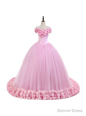 Off the Shoulder Sweet 16 Dress Pink 3D Flowers Tulle Quinceanera Dresses