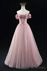 Off the Shoulder Sweetheart Beaded Tulle Long Prom Dress, A-Line Pink Evening Dress