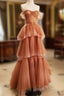 Off The Shoulder Tulle Tiered Long Prom Dresses, A Line Prom Gowns
